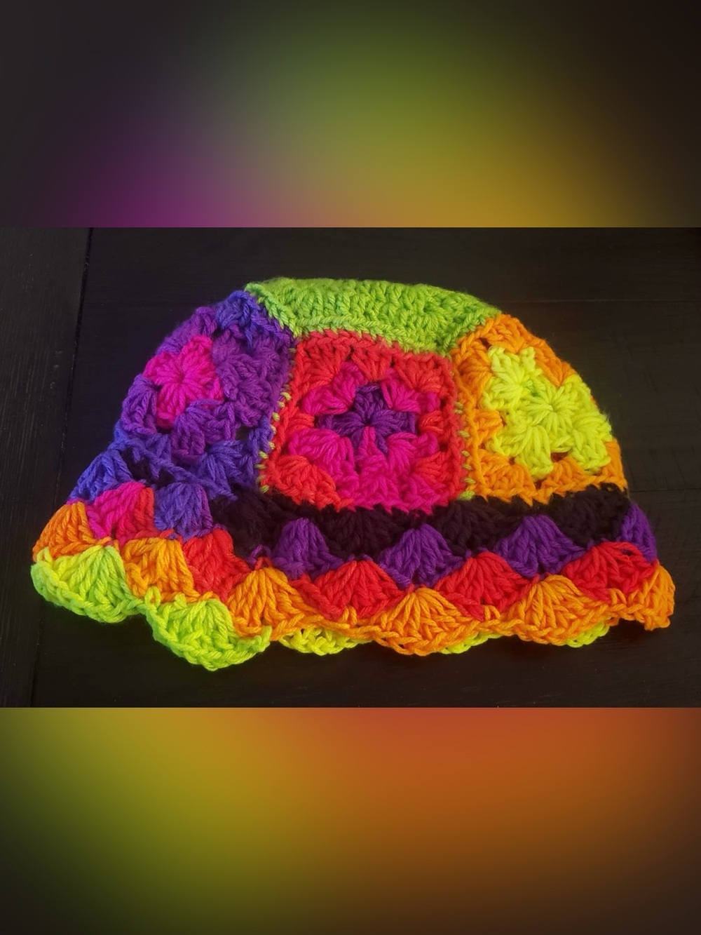 Handmade Granny Square Bright Multicolor Crochet Bucket Hat - Neon Rainbow